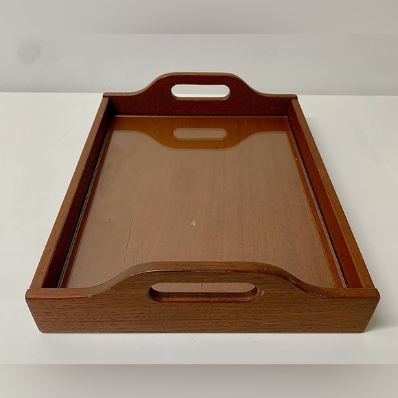 Mid Century Vintage Handled Glass Surface Dovetail Jointed Hardwood Tray - Picture 14 of 16